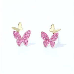 Beautiful 18k Gold 925 Silver Pink CZ Butterfly Studs